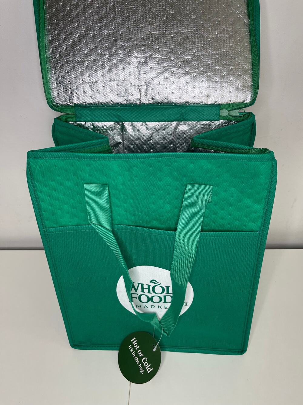 Set of 2 — Whole Foods Insulated Thermal Cooler Tote Bags, Green Gray White Logo